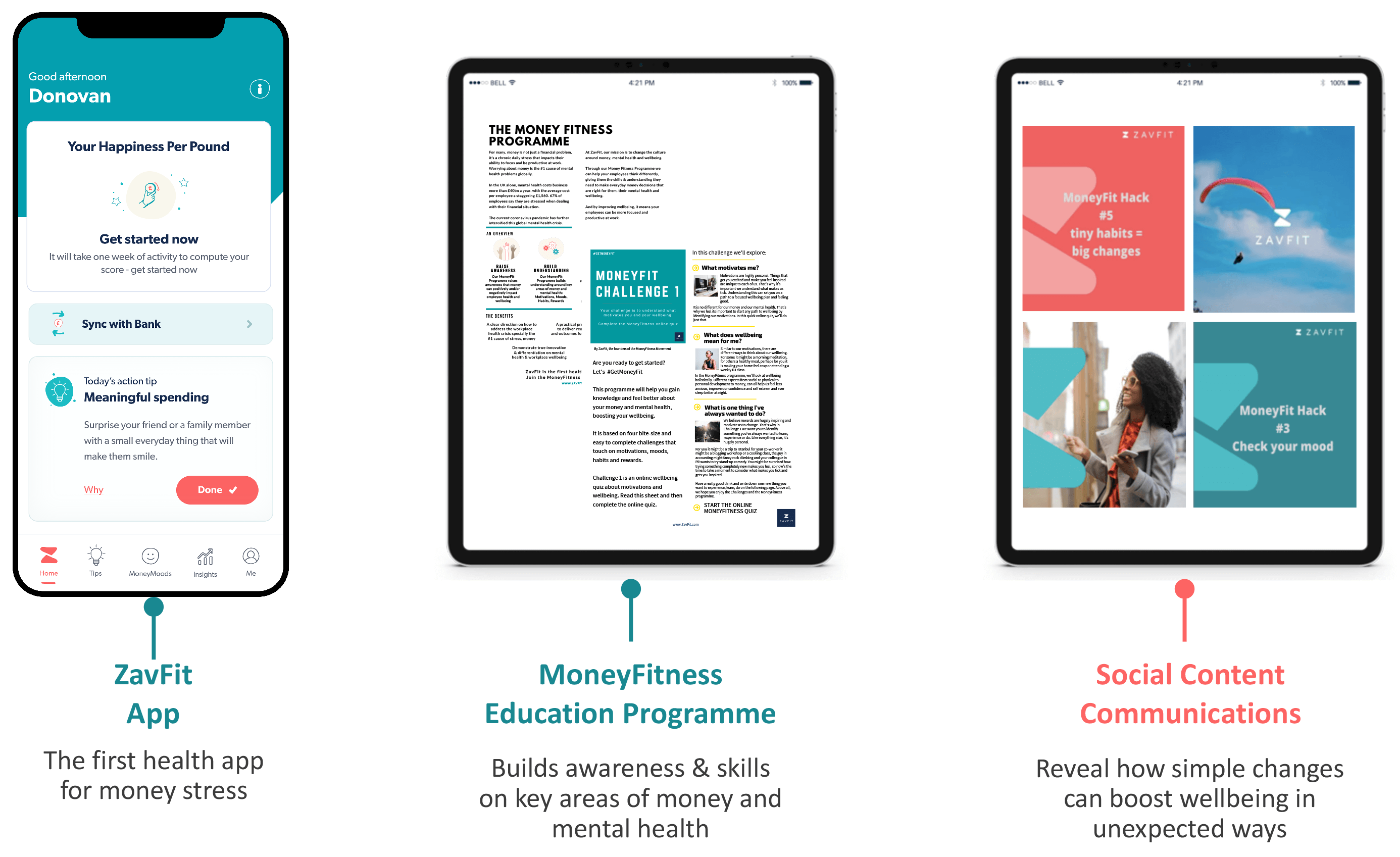 ZavFit App: The first health app for money stress. MoneyFitness Education Programme: Builds awareness & skills on key areas of money and mental health. Social Content Communications: Reveal how simple changes can boost wellbeing in unexpected ways.